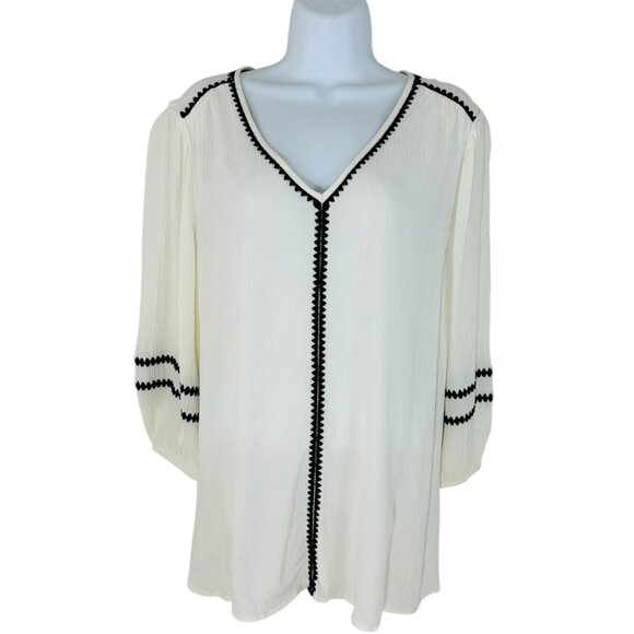 Style & Co Women's Sz M Textured Contrast Trim 3/4 Sleeve Antique White Top NEW - Picture 2 of 6